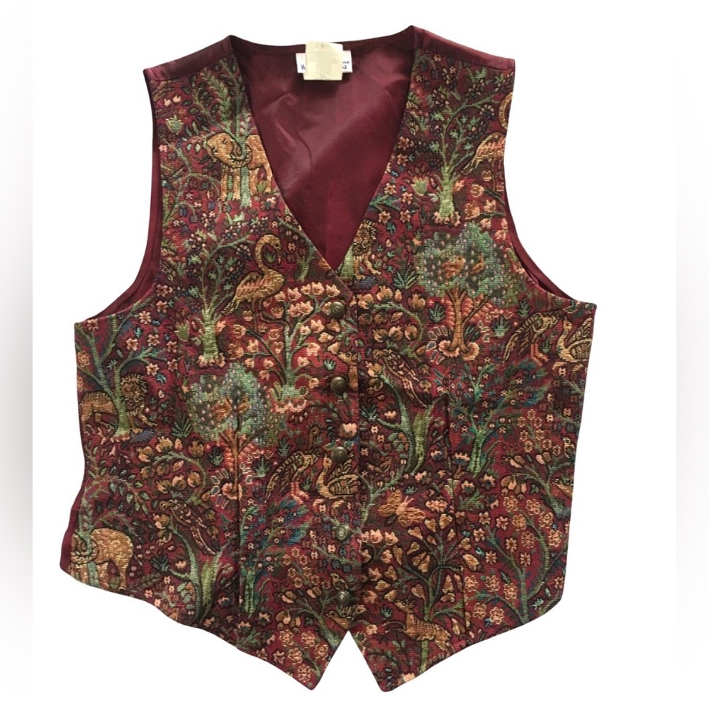 Vintage Tapestry Vest 90s Whimsical Forest Animals Floral Button Up Womens Small - Picture 1 of 11